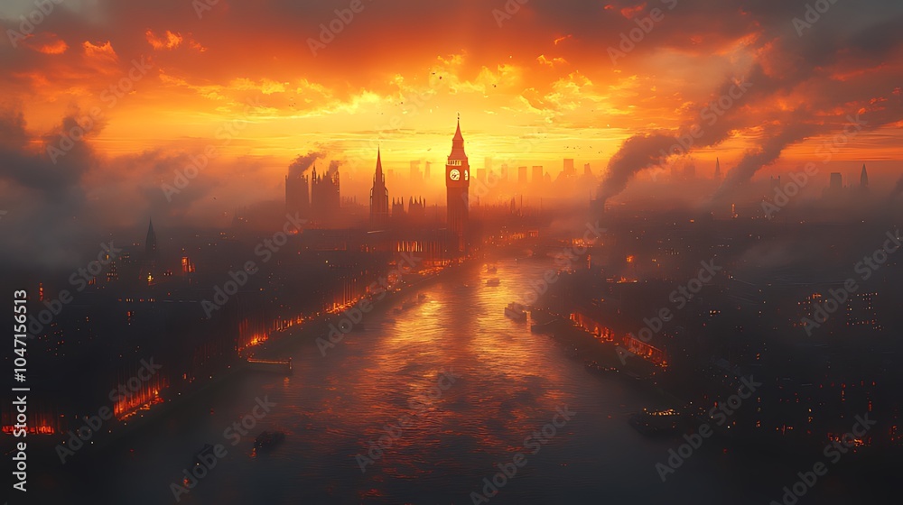 Naklejka premium A dramatic sunset over London, with Big Ben and the Houses of Parliament silhouetted against the fiery sky. The River Thames flows through the city, and the cityscape is shrouded in a thick fog.
