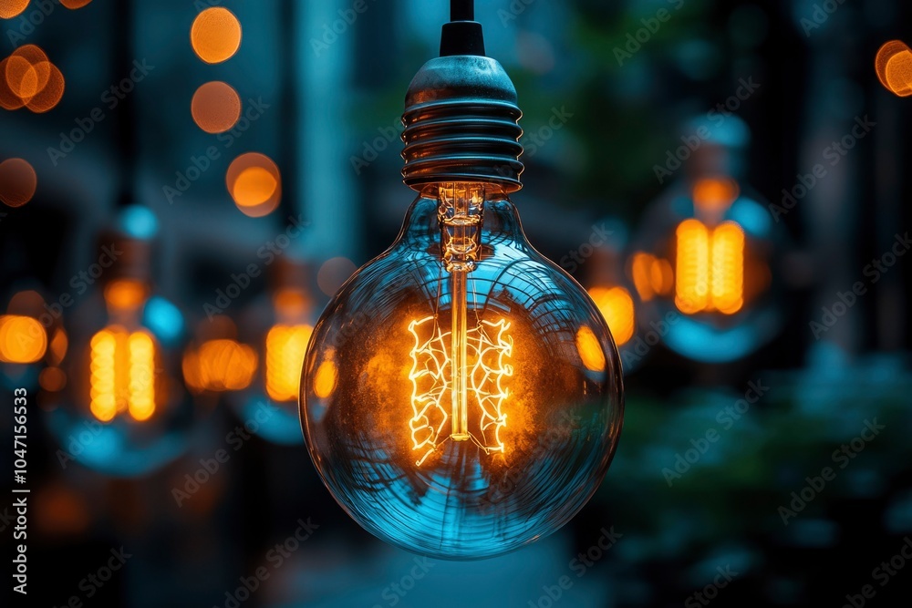 A glowing light bulb with a reflection of a glass ceiling in the background A glowing light bulb with a reflection of a glass ceiling in the background