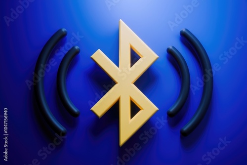 A yellow Bluetooth symbol with black wireless signal waves on a blue background. photo