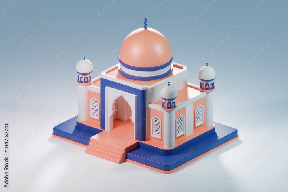 A 3D model of a mosque with a blue and orange color scheme. A 3D model of a mosque with a blue and orange color scheme.