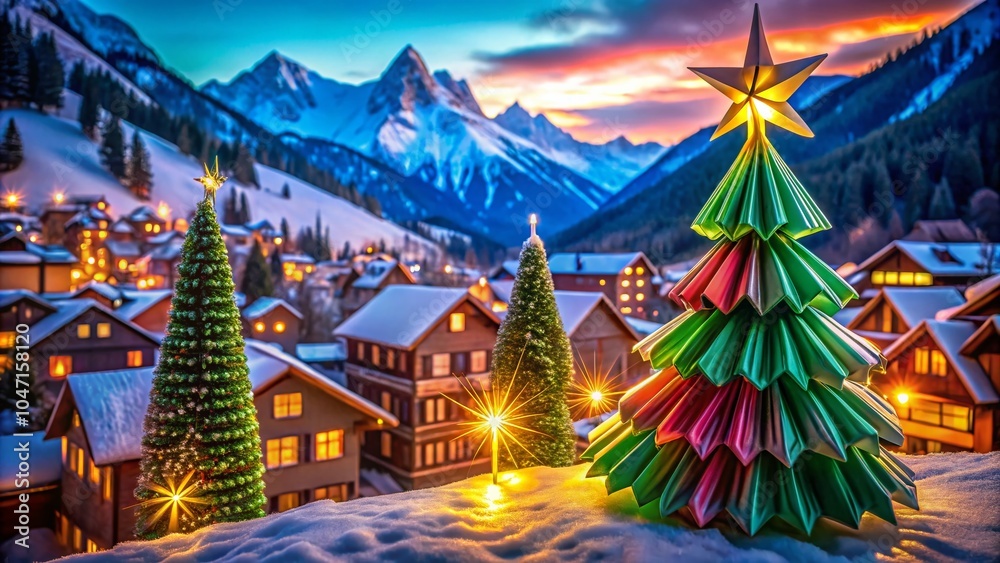 Fototapeta premium Origami Christmas Tree in a Mountain Village - Festive Holiday Art Scene for Merry Christmas and Happy New