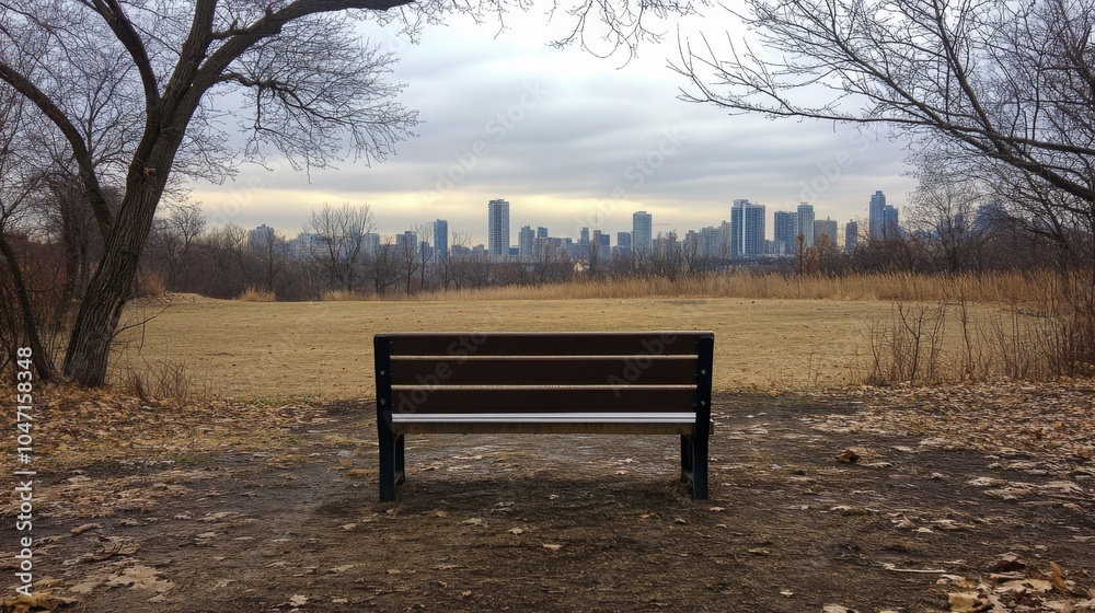 A solitary bench facing a city skyline in a park A solitary bench facing a city skyline in a park