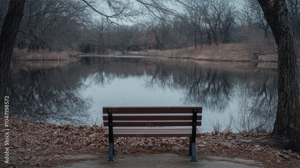 A solitary wooden bench overlooking a serene lake in a bare winter forest. A solitary wooden bench overlooking a serene lake in a bare winter forest.