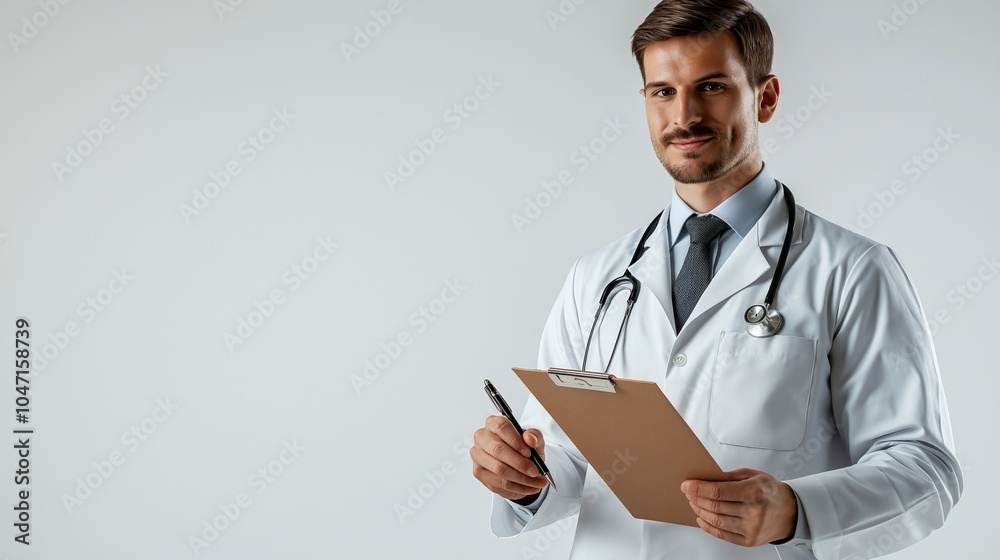Doctor smiling and holding a tablet in a white coat and holding a patient's medical record Doctor smiling and holding a tablet in a white coat and holding a patient's medical record