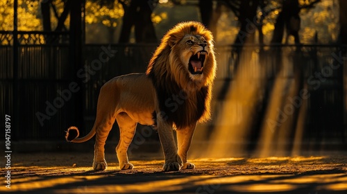 Majestic Lion Roars in Morning Light at the Zoo