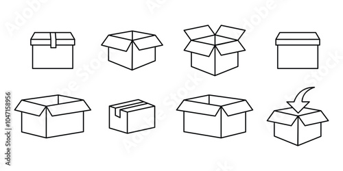 Box icon set in line style. Icon set of package shipping box delivery parcel. export boxes, cargo box, gift box, open package, vector illustration.