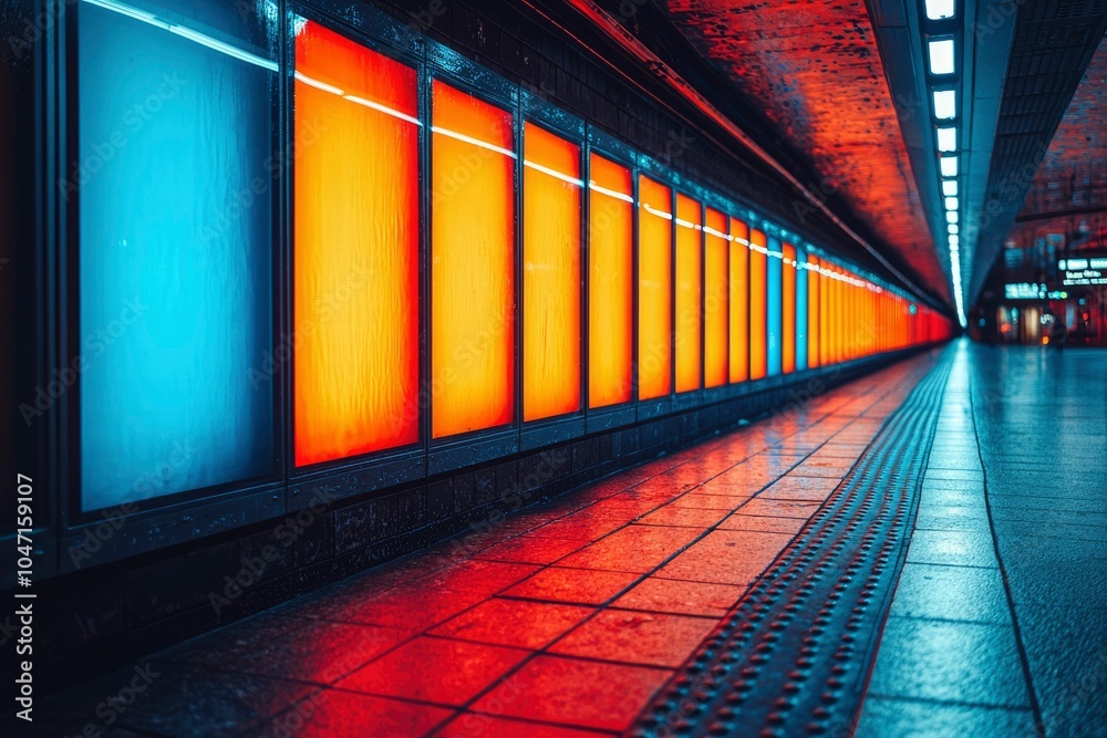 Fototapeta premium Illuminated Subway Tunnel with Orange and Blue Lights