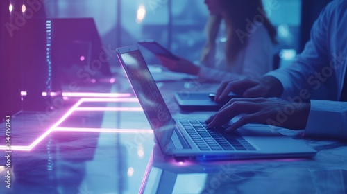 Coworking process, entrepreneur team working in creative office space. using digital tablet docking keybord and laptop with smartphone on marble desk,light beam effect photo