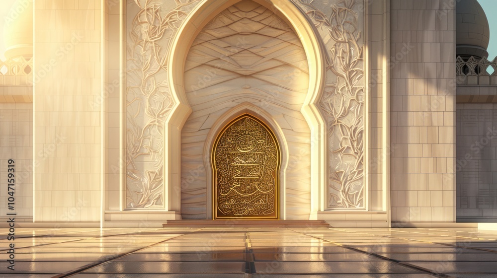 Fototapeta premium Ornate Golden Doorway with Arabic Calligraphy in a White Mosque