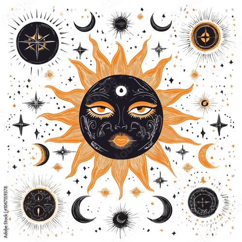 Mystical Esoteric Pattern with Sun, Moon, and Magi