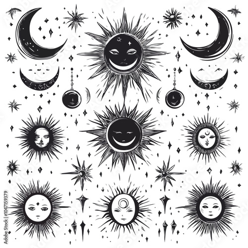 Mystical Esoteric Pattern with Sun, Moon, and Magi