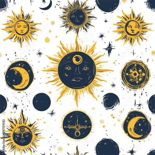 Mystical Esoteric Pattern with Sun, Moon, and Magi