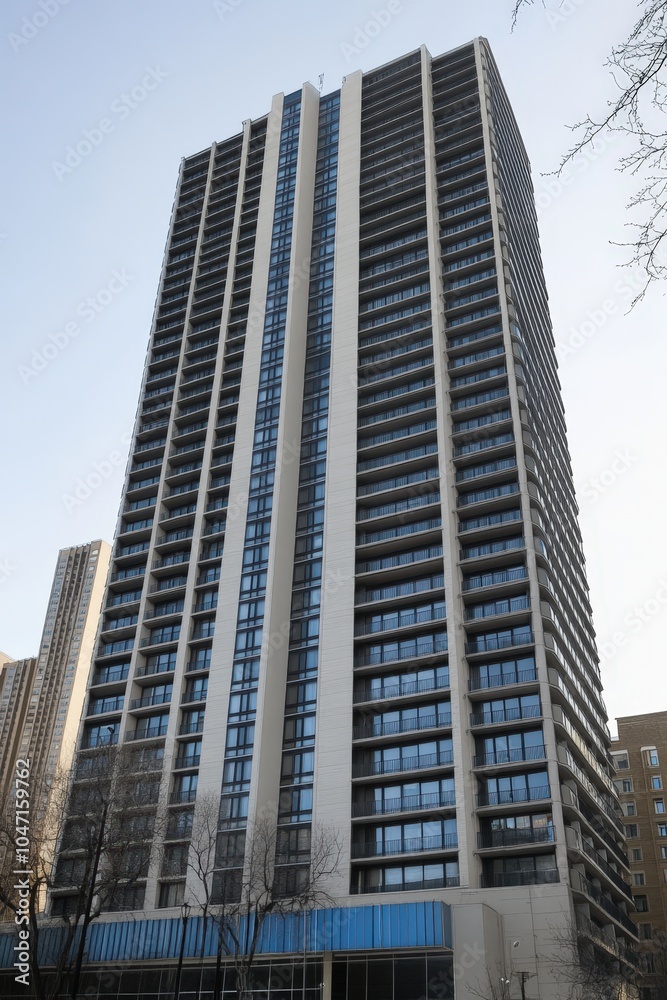Towering modern apartment building with sleek glass and steel design Towering modern apartment building with sleek glass and steel design