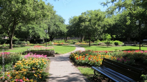 A Stone Path Through a Garden with a Bench at the End