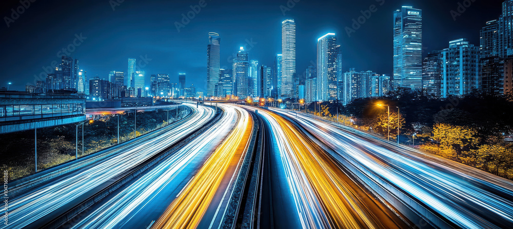 Obraz premium Nighttime cityscape with glowing windows