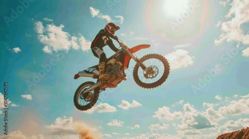 Motocross Rider Performing a Wheelie Against a Blue Sky with White Clouds photo