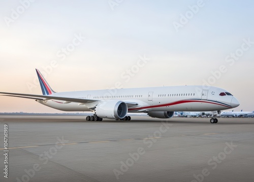 Sleek commercial airliner on the runway at sunset