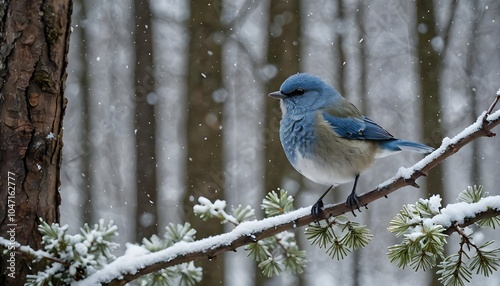 Concetto di inverno, freddo e feste di Natale: merlo bluebird in un bosco con neve e ghiaccio al freddo photo