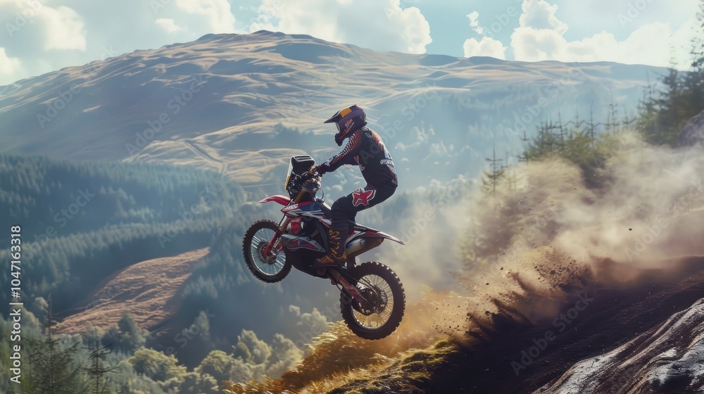 Obraz premium Motocross Rider Launching Off a Cliff in a Mountainous Landscape