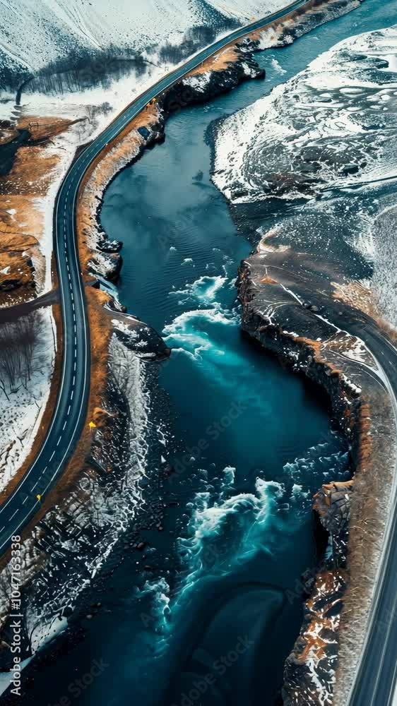 Flowing river meandering through a picturesque snowy landscape in iceland