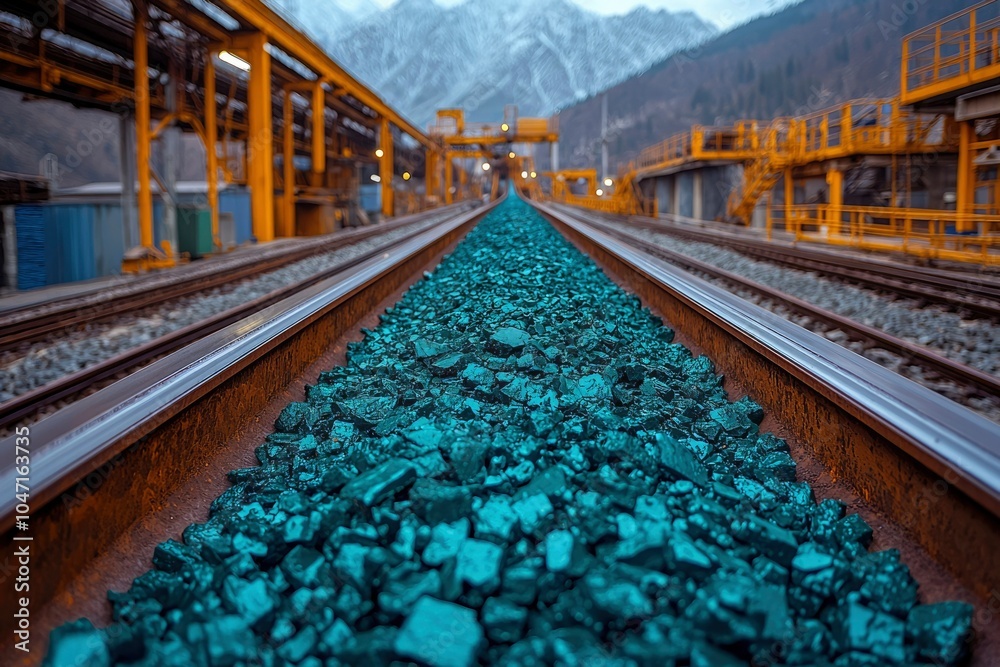 Train Tracks Filled With Blue Stones in a Mountainous Landscape Train Tracks Filled With Blue Stones in a Mountainous Landscape