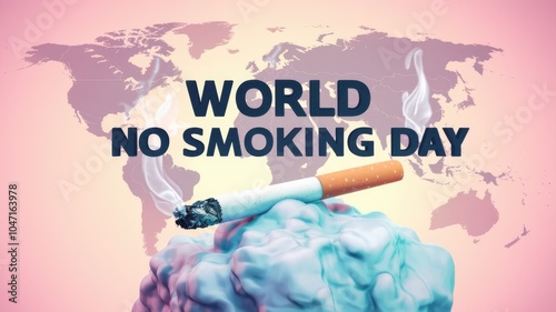 A cigarette on a cloud with the text World No Smoking Day against a world map background.