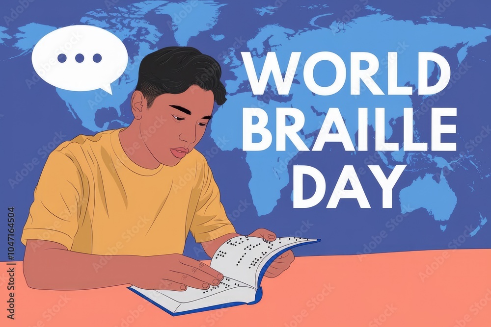 Naklejka premium A young man reading a book in Braille celebrating World Braille Day.
