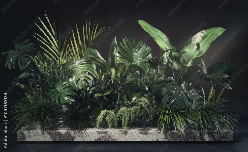 Lush tropical foliage in a dark, moody setting Lush tropical foliage in a dark, moody setting