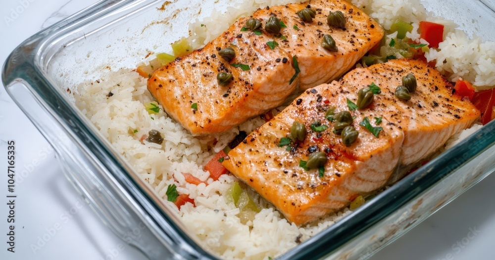 Baked salmon fillets with rice and vegetables in a glass baking dish