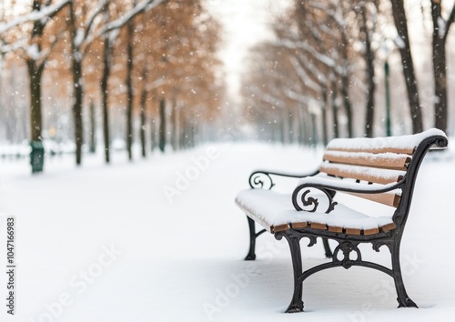 A snow-covered bench in a tranquil park lined with trees, creating a serene winter landscape.