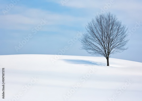 A solitary tree stands atop a snowy hill under a blue sky, creating a serene and minimalist winter landscape.