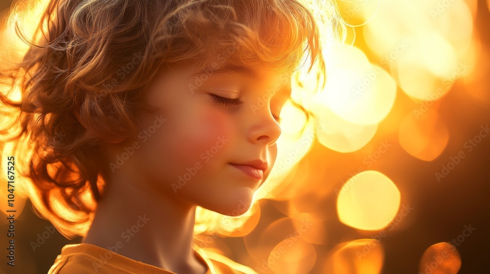 Fototapeta premium Child with Closed Eyes Bathed in Golden Sunlight