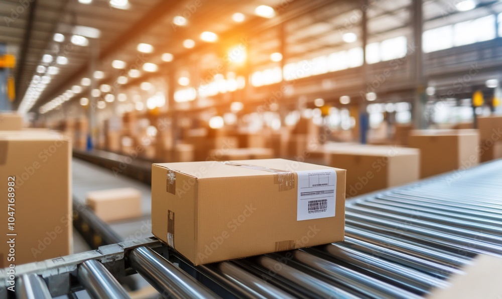 A package on a conveyor belt in a warehouse setting. A package on a conveyor belt in a warehouse setting.