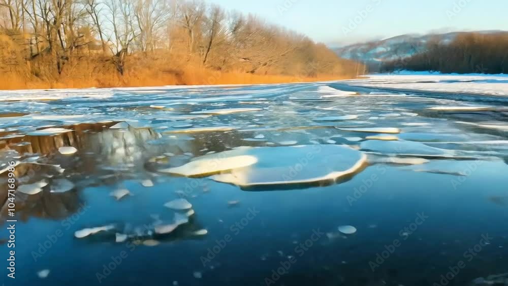 Melting ice reveals flowing water in a river during early spring, showcasing the transition from winter to warmer days Melting ice reveals flowing water in a river during early spring, showcasing the transition from winter to warmer days