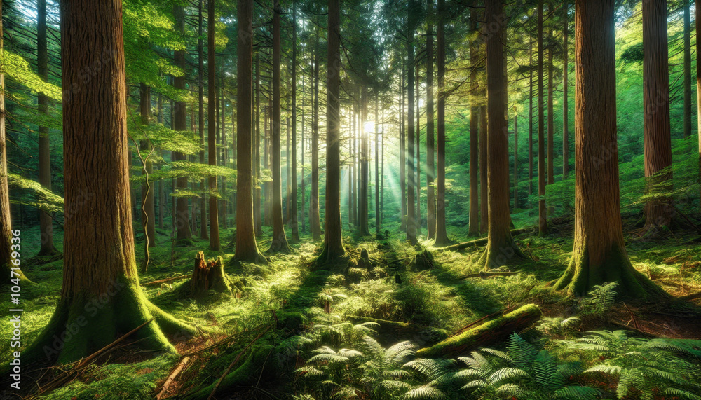 Obraz premium A dense green forest with sunlight streaming through tall trees, illuminating the forest floor and creating a peaceful, untouched natural scene.