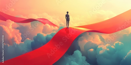 A surreal illustration of a person standing on a red ribbon path flowing through clouds, symbolizing a journey, hope, and awareness with vibrant colors evoking optimism and reflection photo