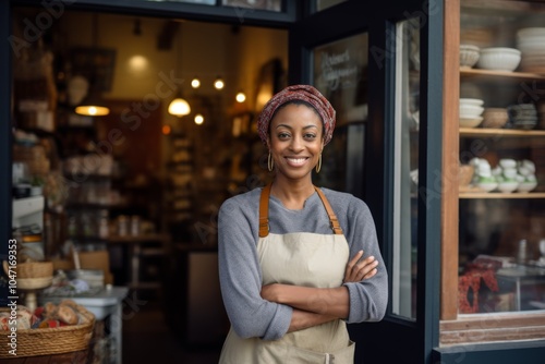 Fototapeta Naklejka Na Ścianę i Meble -  Portrait of a female small business owner in front of her store
