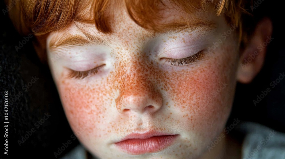Close-up Portrait of a Freckled Red-Haired Boy with Closed Eyes Close-up Portrait of a Freckled Red-Haired Boy with Closed Eyes
