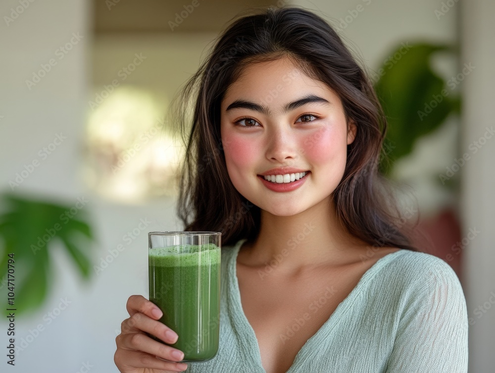 Happy Woman Enjoying Green Juice in Modern Setting Happy Woman Enjoying Green Juice in Modern Setting