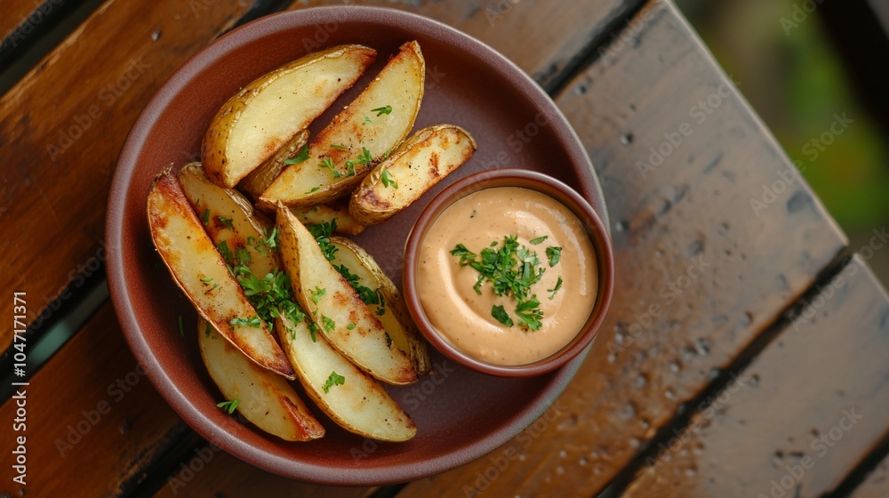 A plate of seasoned potato wedges with dipping sauce. A plate of seasoned potato wedges with dipping sauce.