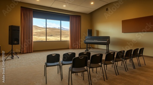 Practice room with acoustic treatment, professional equipment, and comfortable seating, offering both functionality and atmosphere.