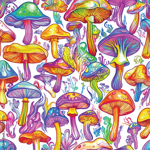 Vivid Seamless Mushroom Illustration in Bright Psychedelic Style