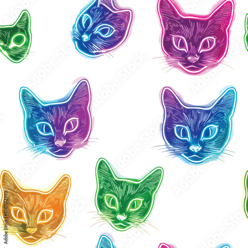 Colorful Neon Cat Heads Seamless Vector Illustration