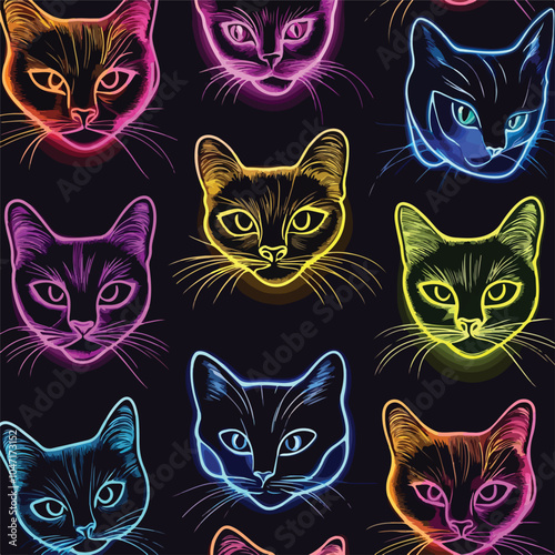 Colorful Neon Cat Heads Seamless Vector Illustration