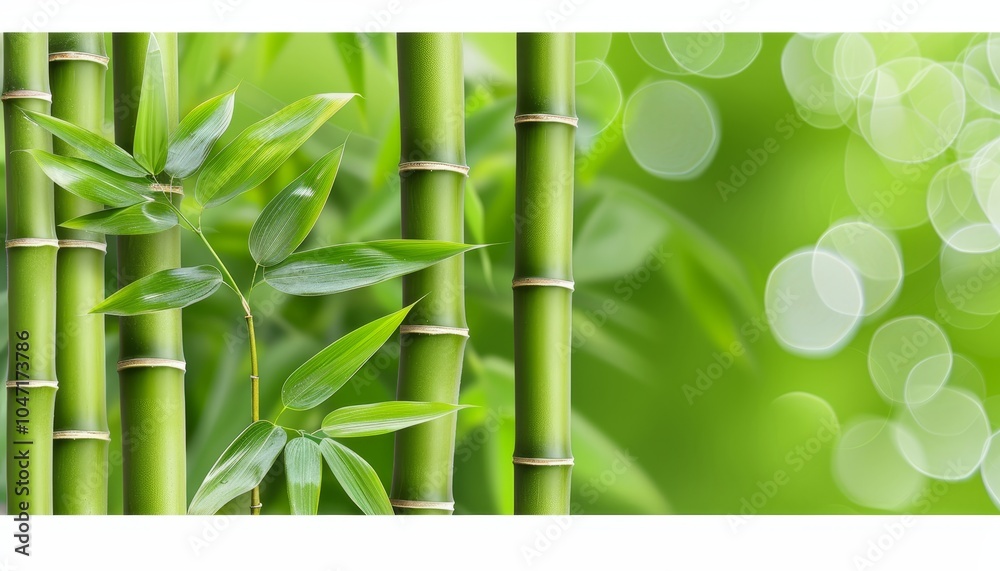 Obraz premium Vibrant Green Bamboo Stalks, Fresh Leaves, and a Serene Background with Soft, Natural Bokeh