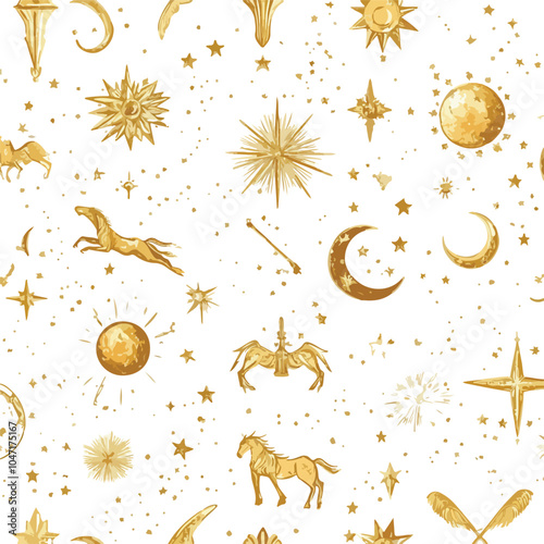 Luxurious Seamless Zodiac Golden Pattern with Stars