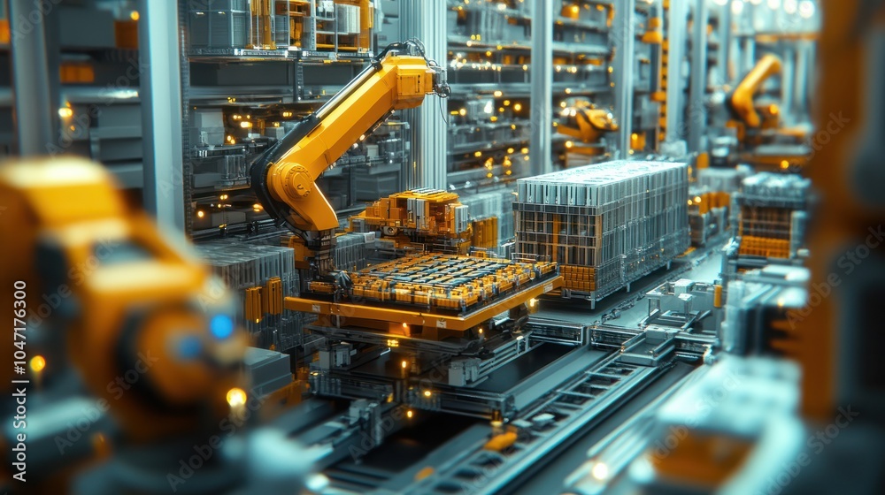 Fototapeta premium A warehouse with automated sorting systems and robotic arms, showcasing logistics and supply chain efficiency. Concept of warehouse automation and distribution.