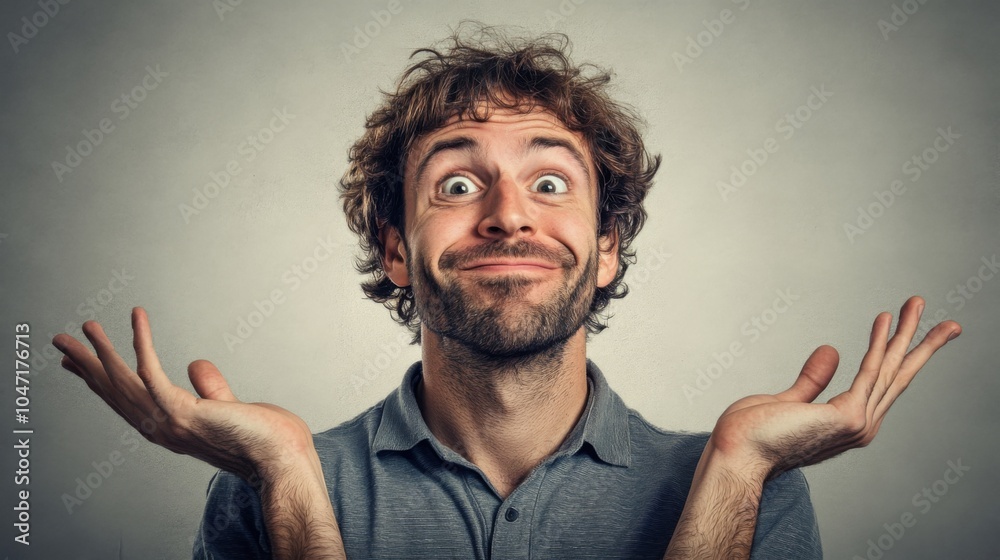 A Portrait of a Man with a Confused Facial Expression and Outstretched Hands A Portrait of a Man with a Confused Facial Expression and Outstretched Hands