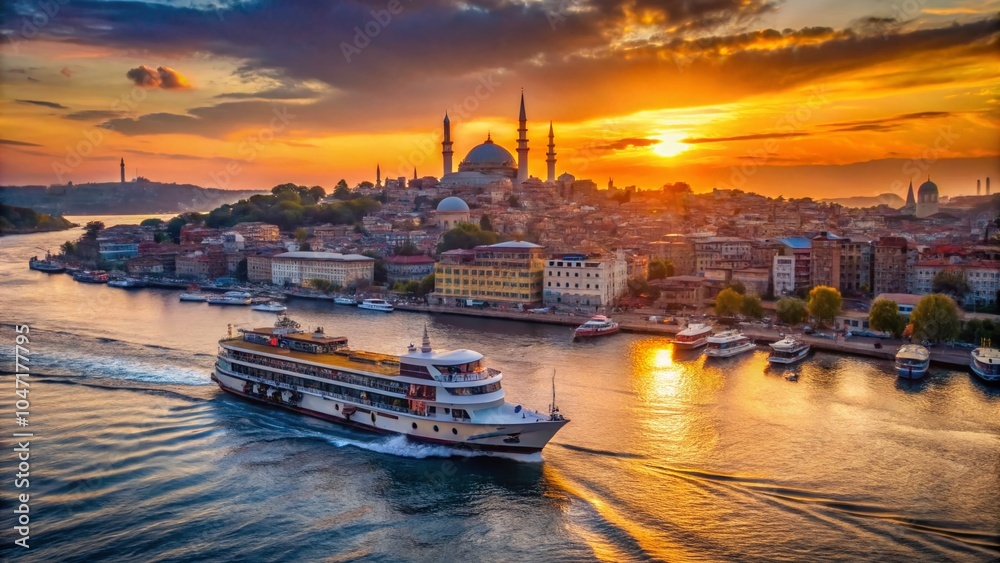 Fototapeta premium Traditional Ferry Boat on Golden Horn with Eminonu in Background - Scenic Istanbul Photography