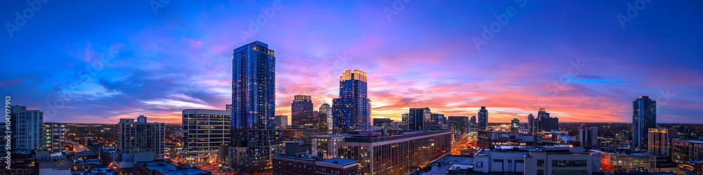 Fototapeta premium Manhattan Skyline at Sunset: A breathtaking view of the iconic Manhattan skyline at sunset, showcasing the vibrant city lights and the majestic skyscrapers against a colorful sky.